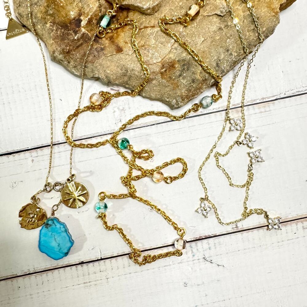 Gold Tone 3 Necklace Stack Long Rhinestone Station Blue Color Stone Glass Beads